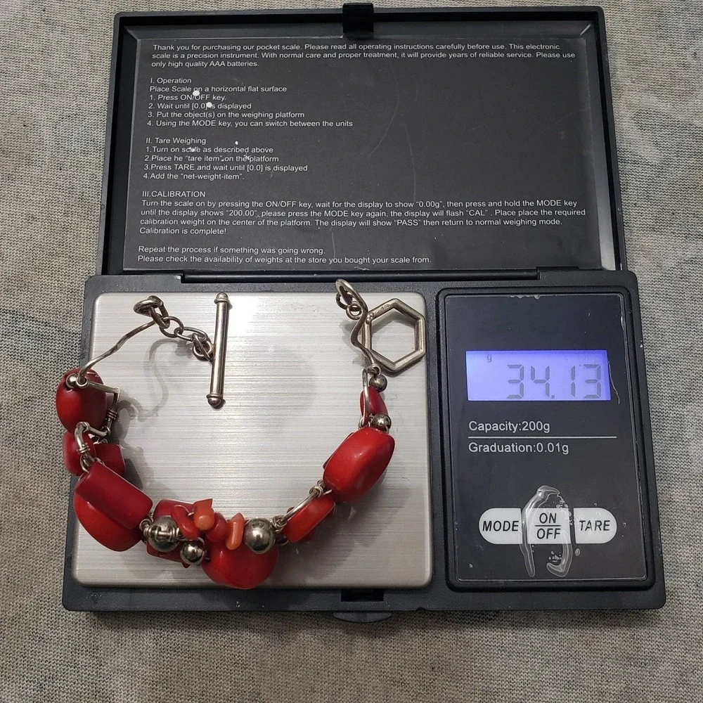 Vintage Artisan 925 Sterling Silver Chunky Red Coral Toggle Bracelet